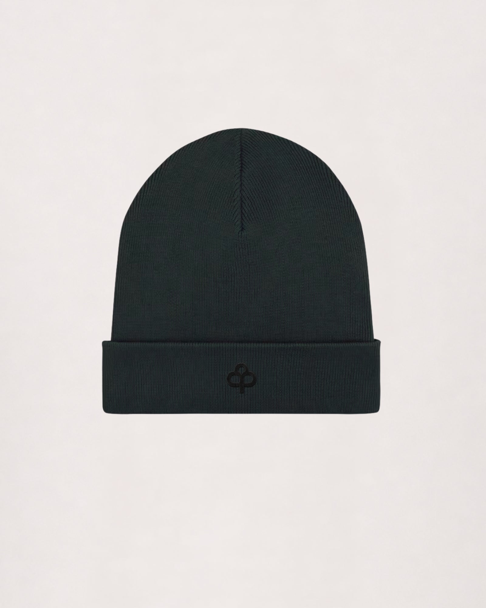 Ribbed beanie in black, flat lay with turn-up cuff and embroidered logo