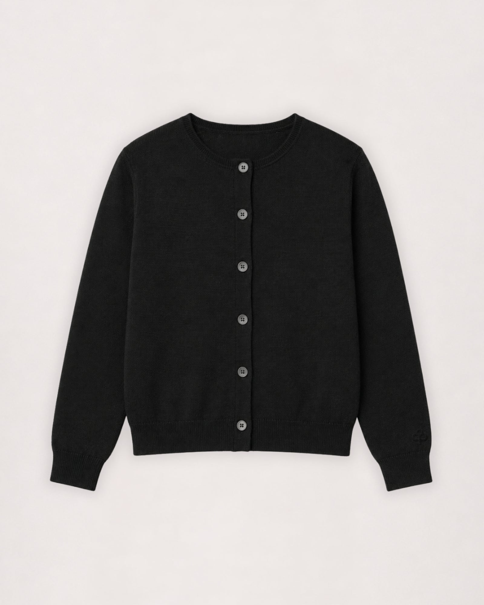 Merino cardigan in black, flat lay front view with button placket