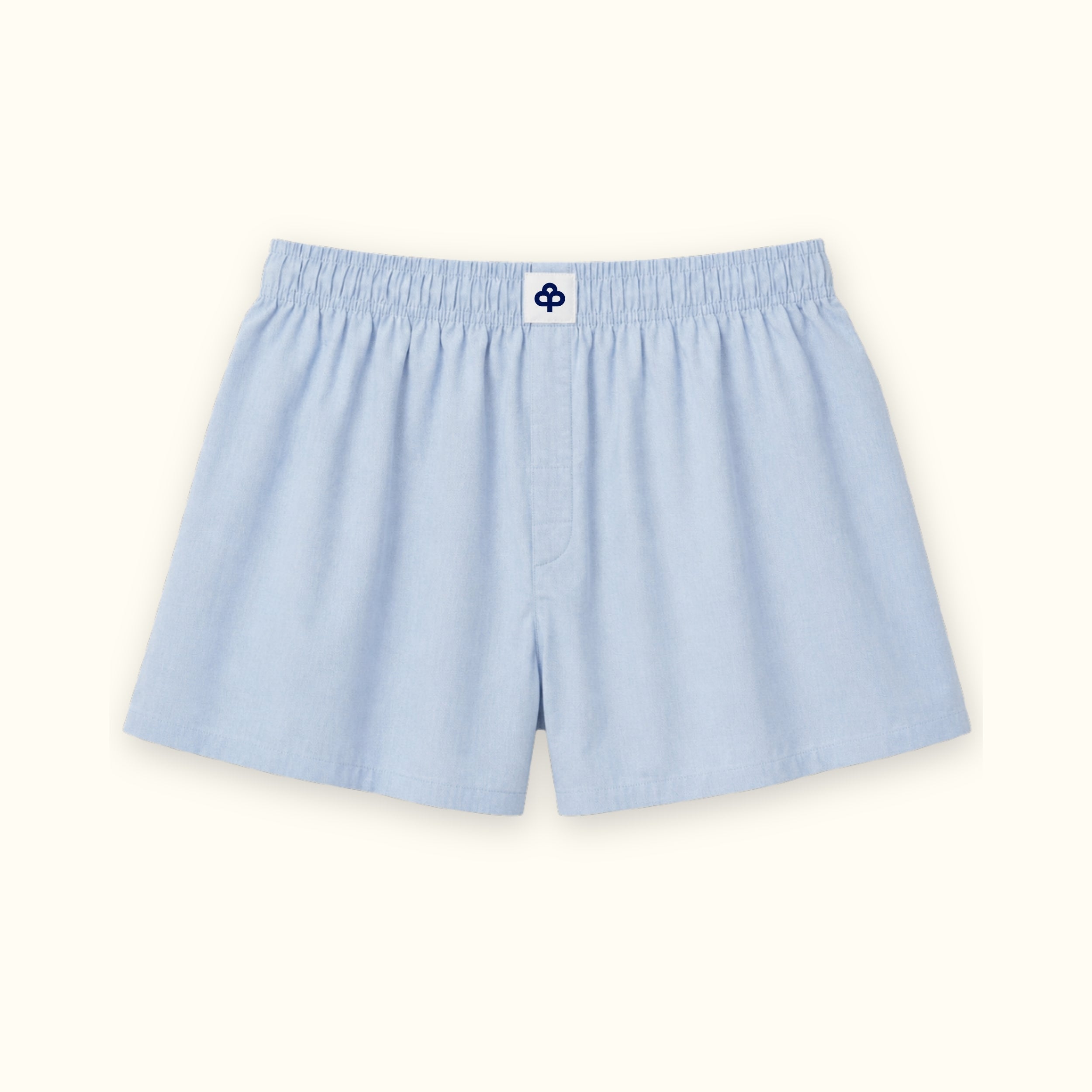 Cotton Boxer Shorts in Light Blue, front view, showing waistband and leg shape