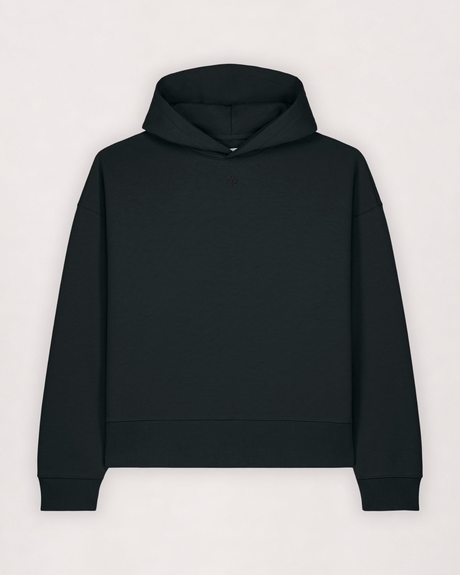 Oversize cotton hoodie in black, flat lay front view with ribbed hem