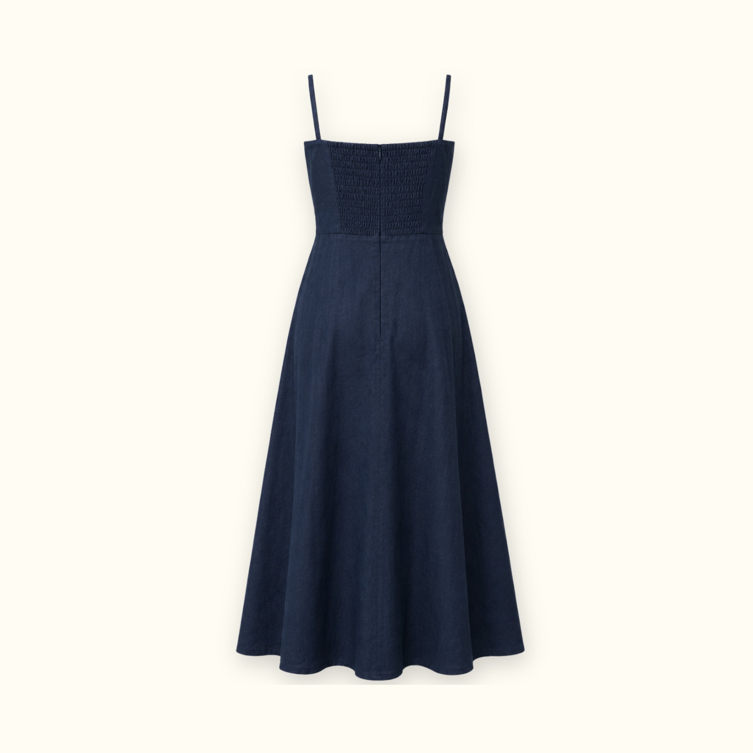 Vestito midi in lino blu navy, vista posteriore, con scollo e silhouette del vestito