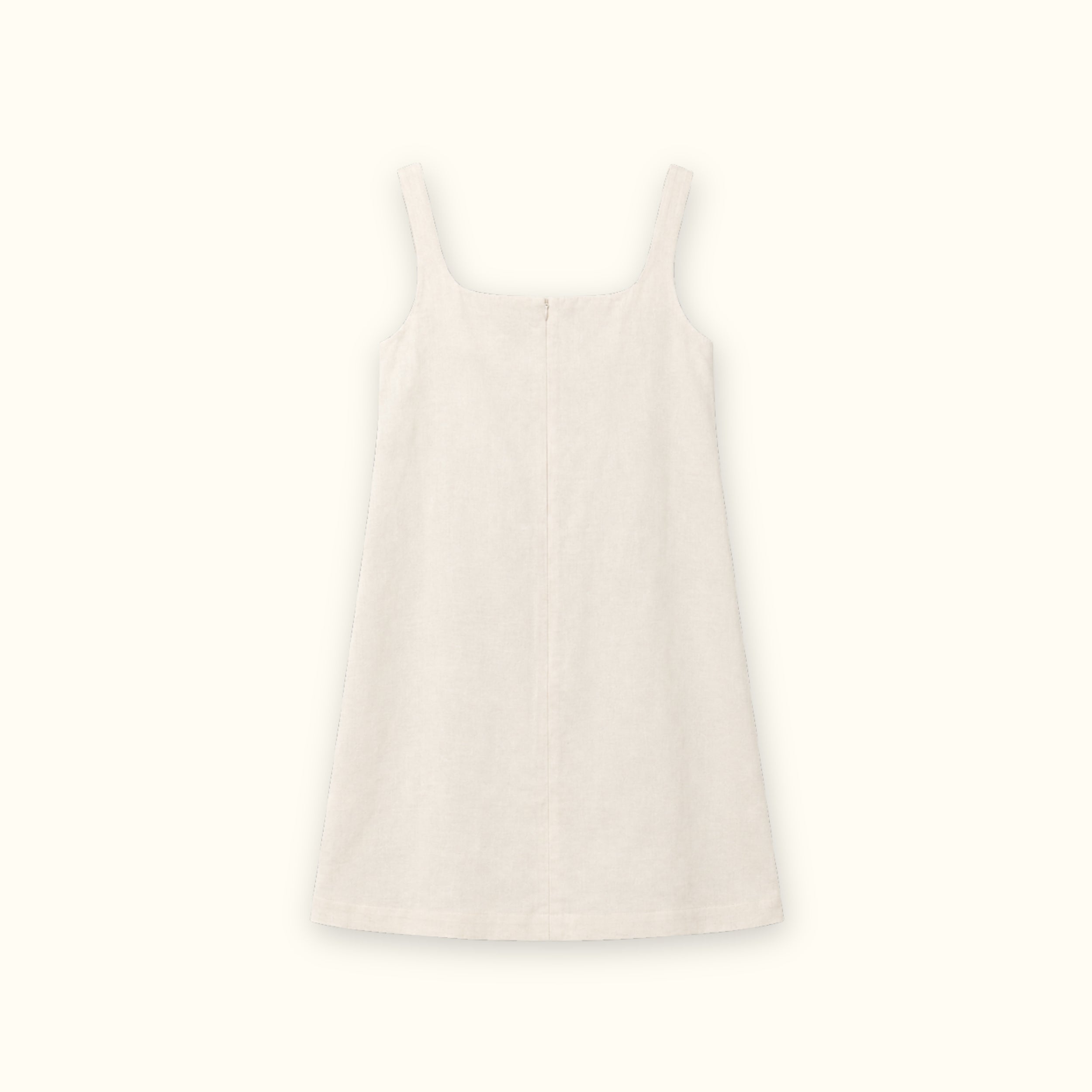 Robe mini en lin off white, vue de dos, montrant l’encolure et la silhouette de la robe