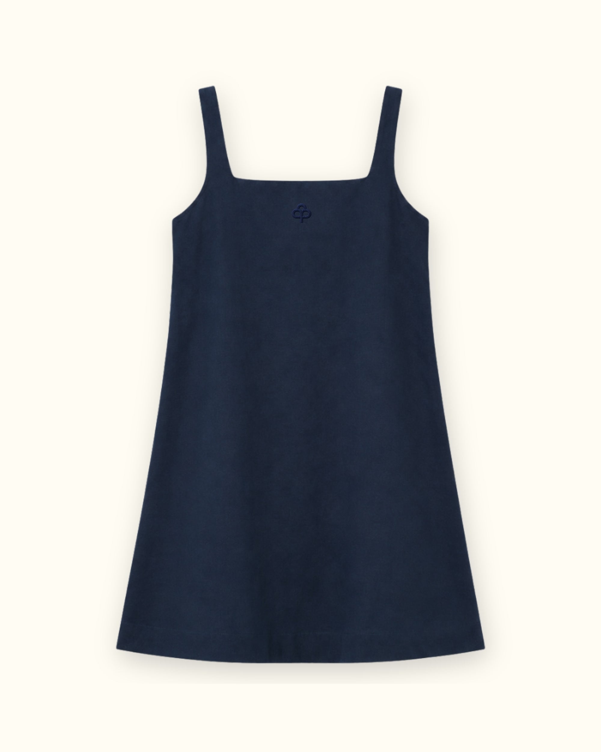 Vestido mini de lino en azul marino, vista frontal, mostrando el escote y la silueta del vestido