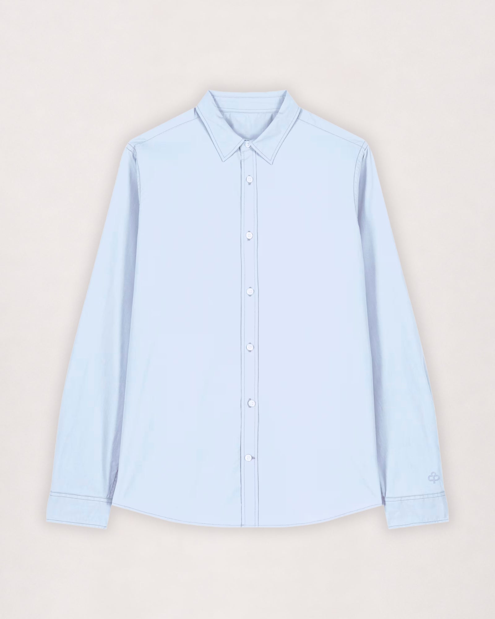 Poplin shirt in light blue, flat lay front view with buttoned cuffs