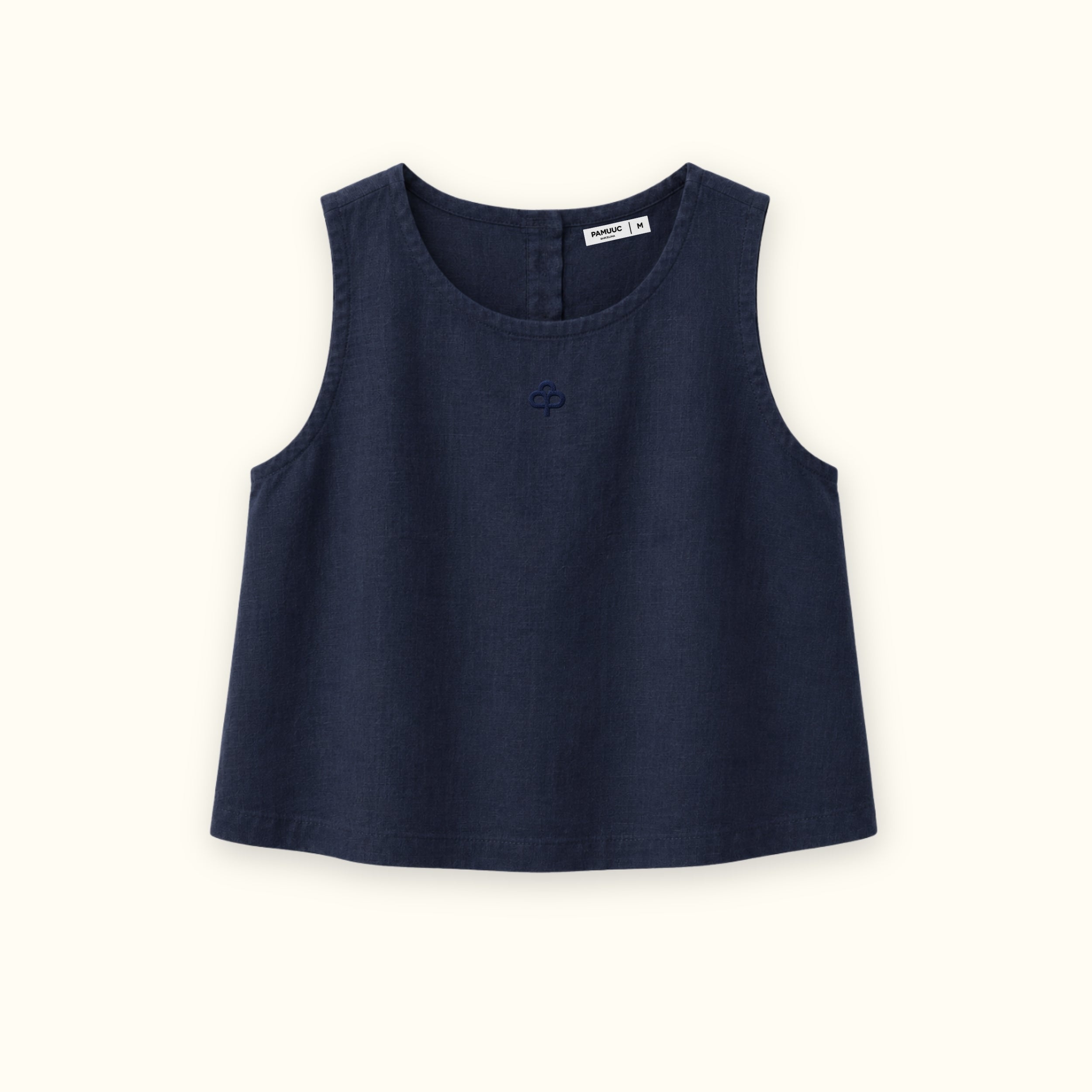 Top en lin sans manches bleu marine, vue de face, montrant l’encolure et la coupe sans manches