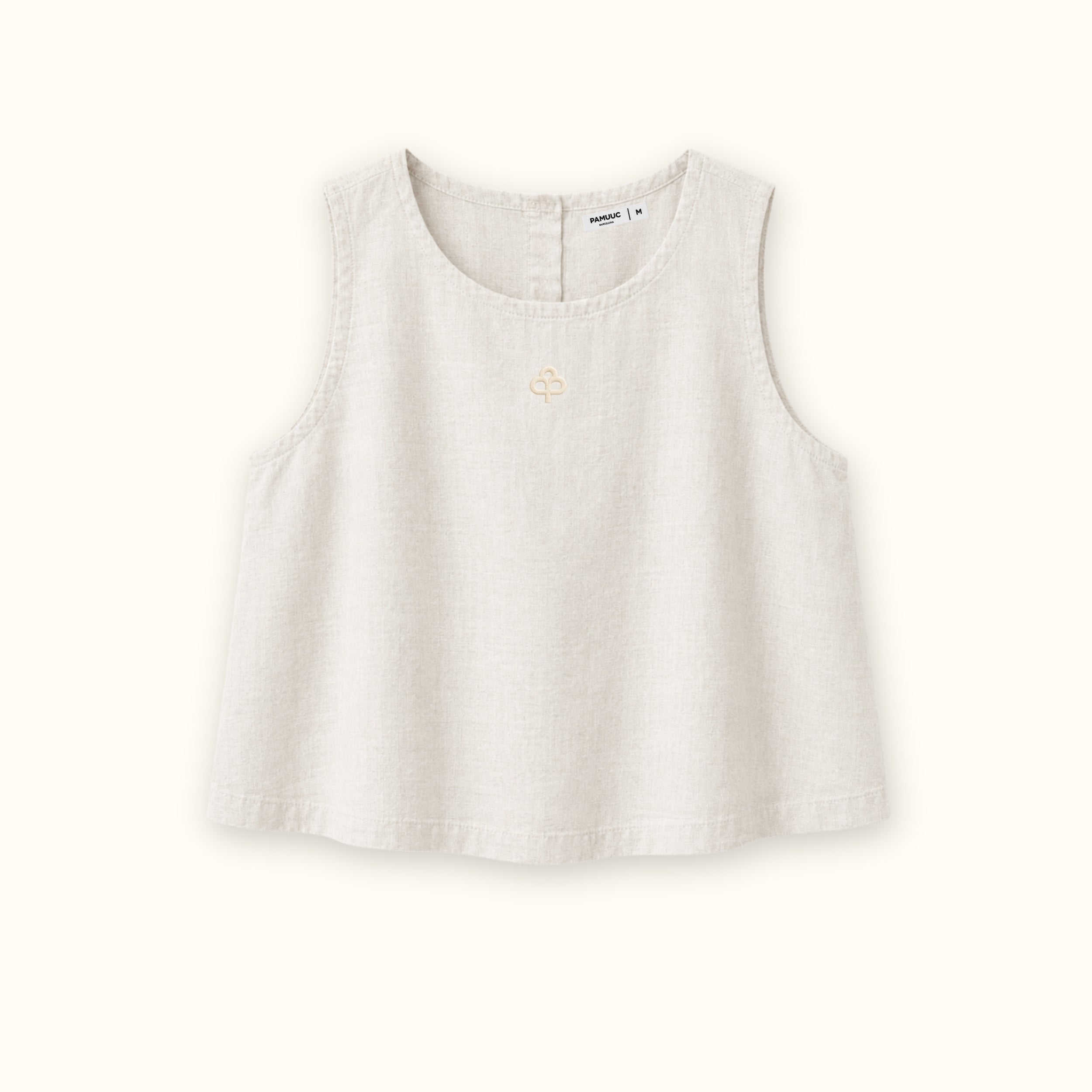 Top en lin sans manches off white, vue de face, montrant l’encolure et la coupe sans manches