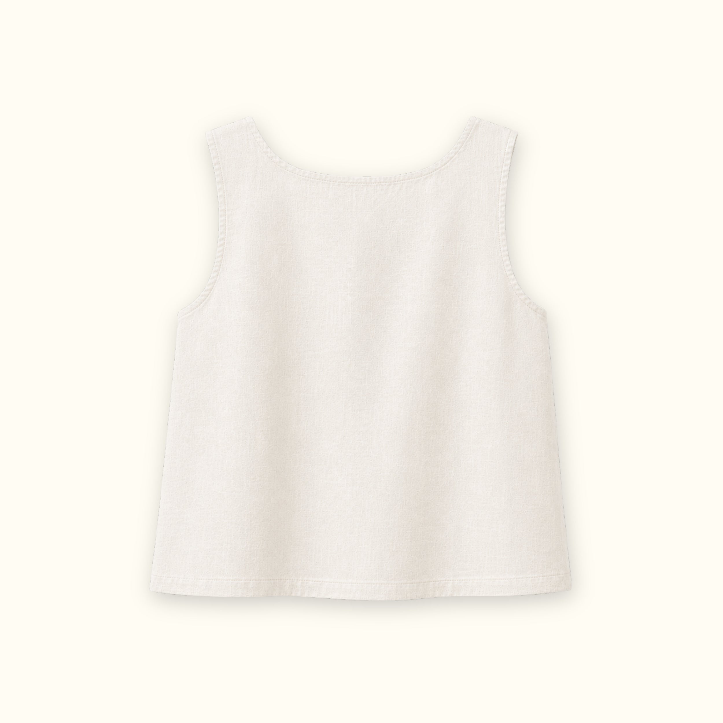Square Neck Linen Top in Off White, back view, showing neckline and sleeveless shape