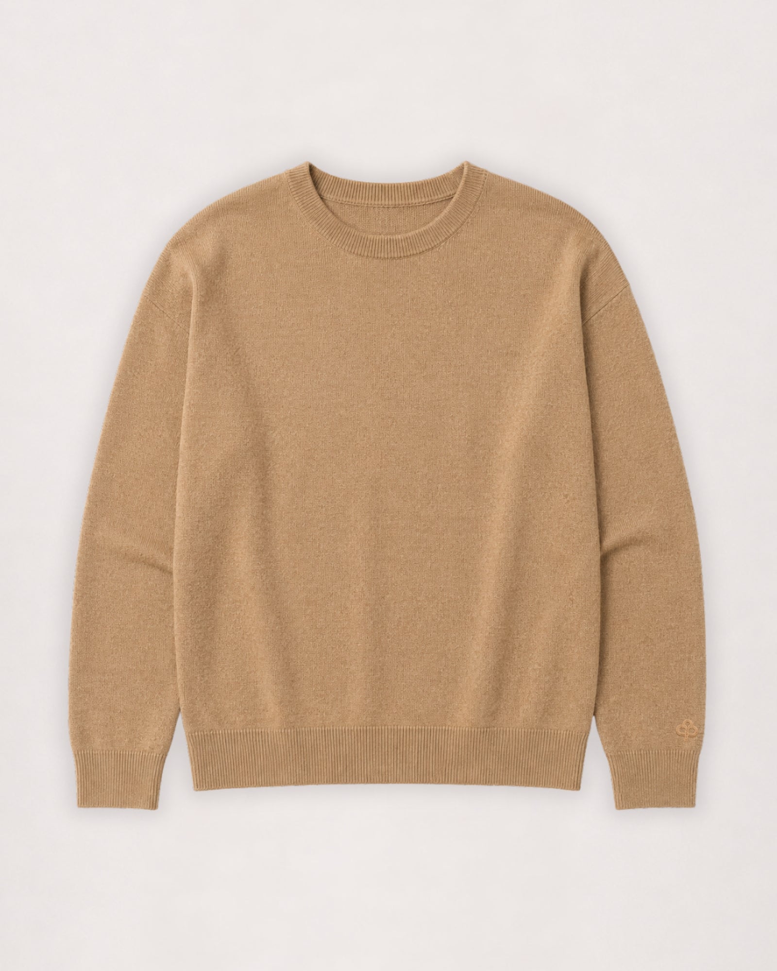 Merino crew neck sweater in camel, flat lay front view