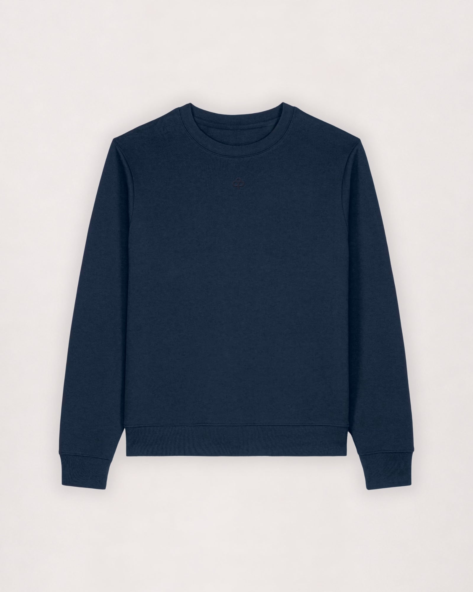 Cotton sweatshirt in navy, flat lay front view with ribbed neckband