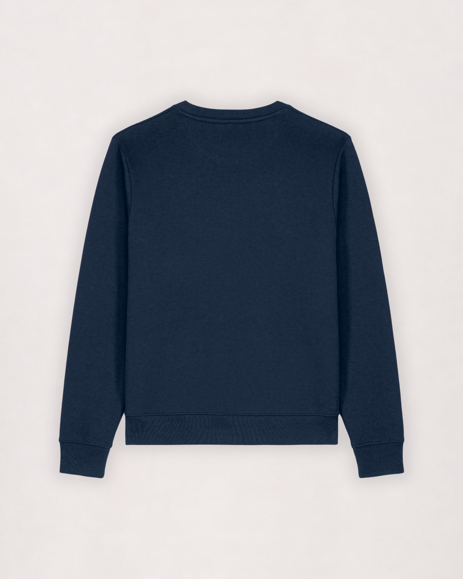 Cotton sweatshirt in navy, flat lay back view with ribbed cuffs