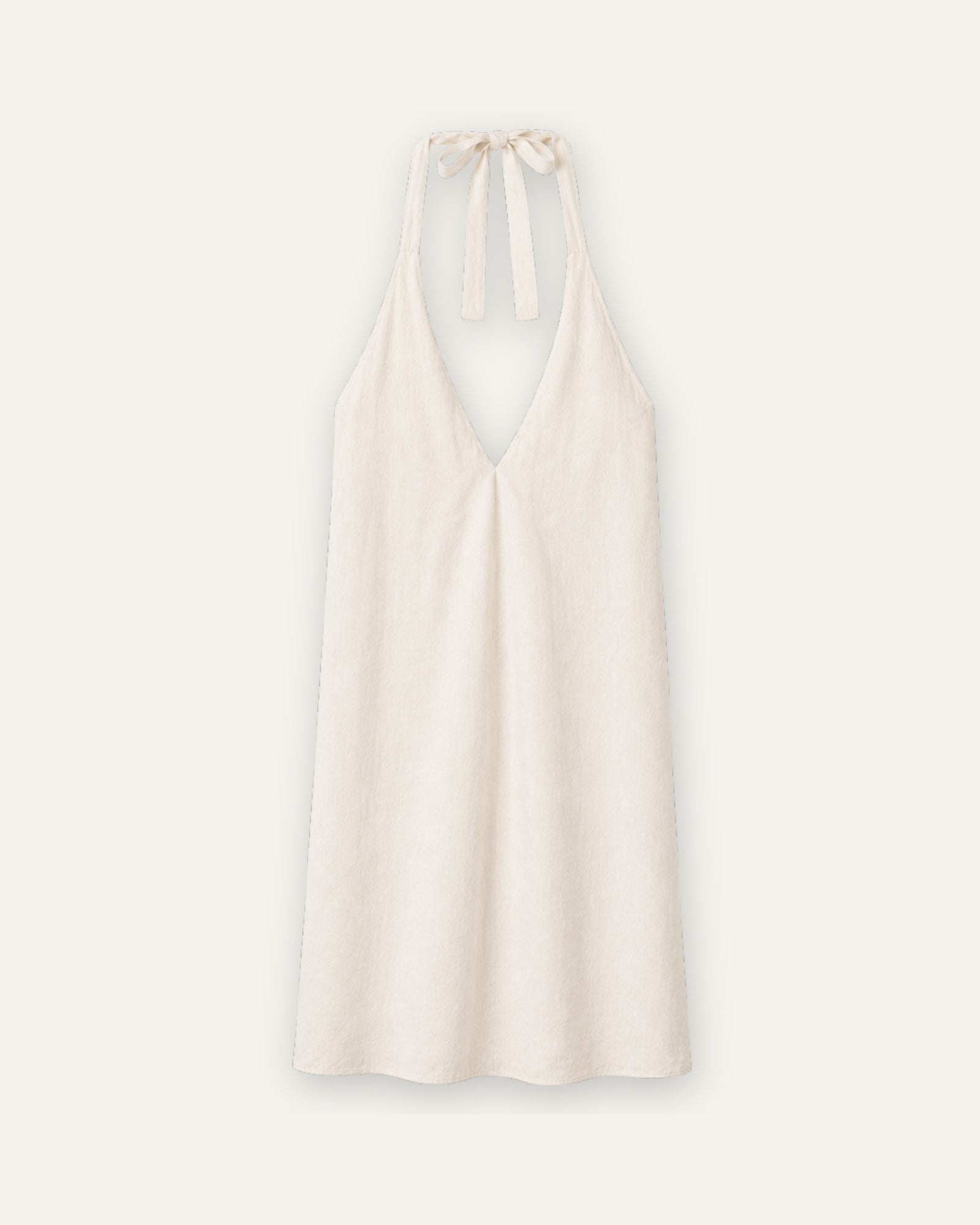 Vestido halter de lino en Off White, vista frontal, mostrando el escote y la silueta del vestido