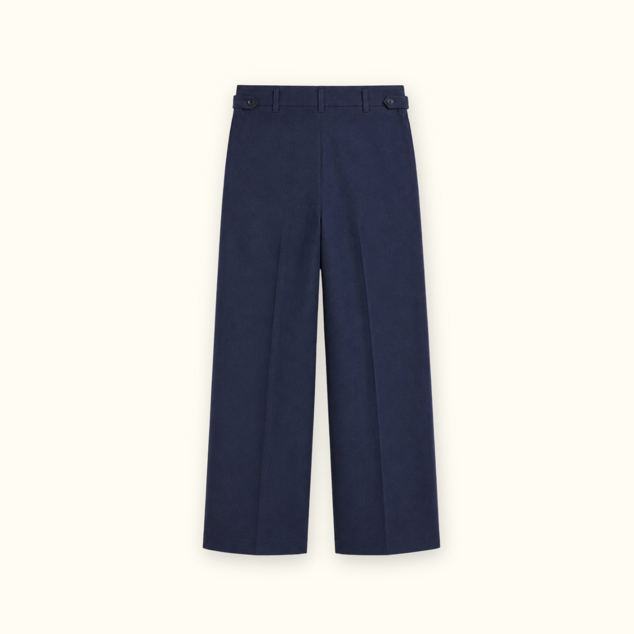 Pantaloni in lino straight leg blu navy, vista posteriore, con pince e linea dellstraight leg