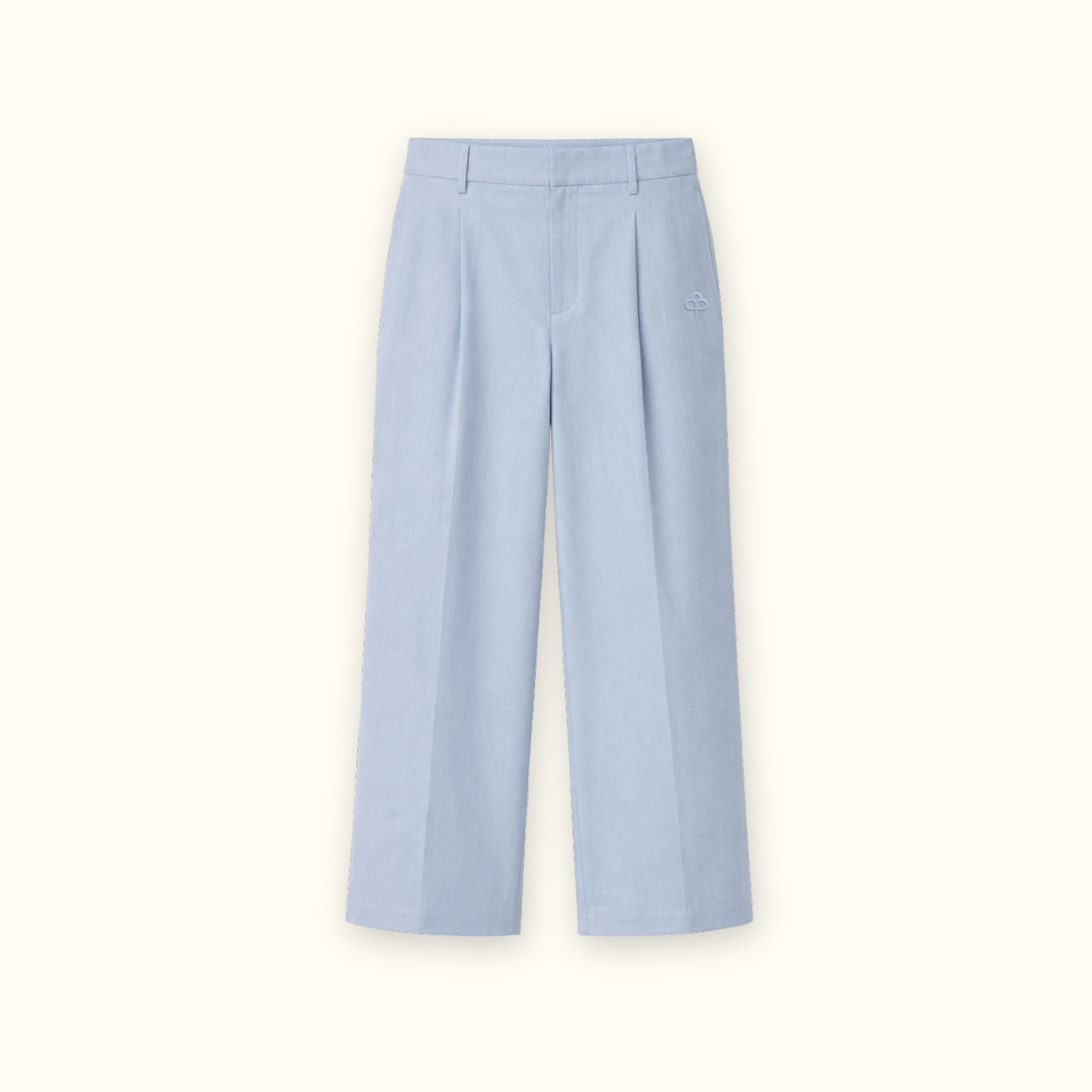 Pantaloni in lino straight leg azzurri, vista frontale, con pince e linea dellstraight leg