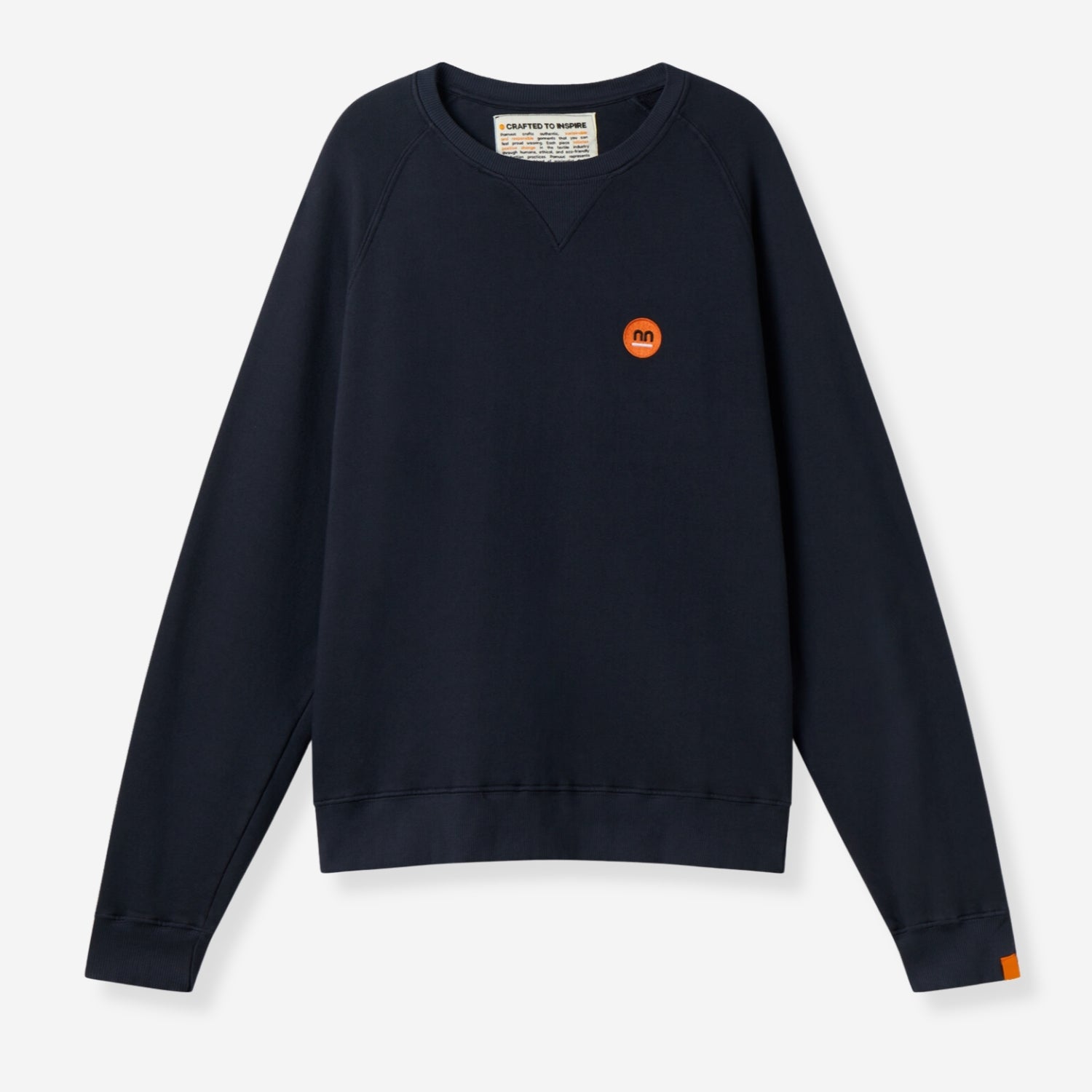 Navy blue crewneck sweatshirt with small orange Pamuuc isotope logo on the front.