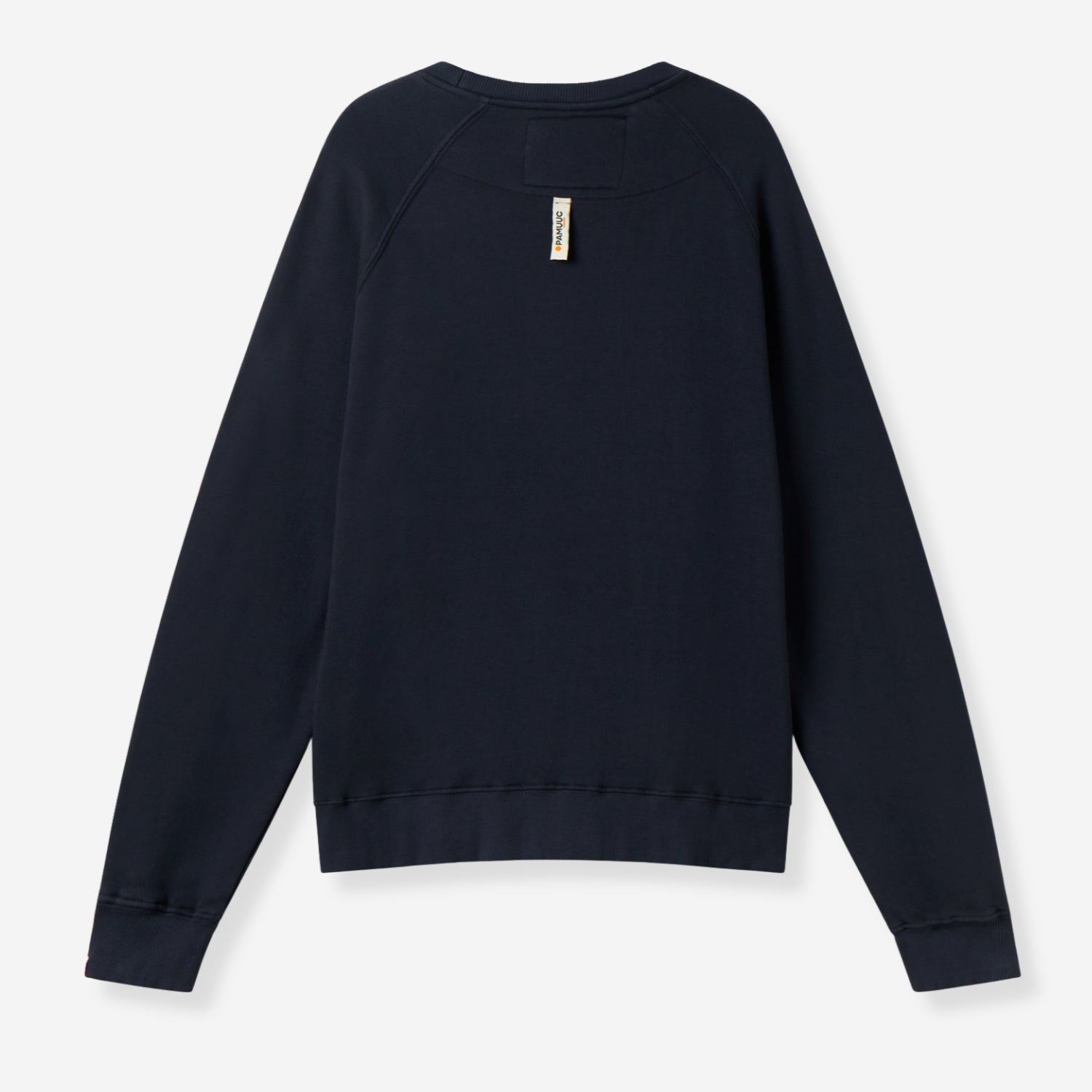 Back view of navy blue crewneck sweatshirt with small label near neckline.