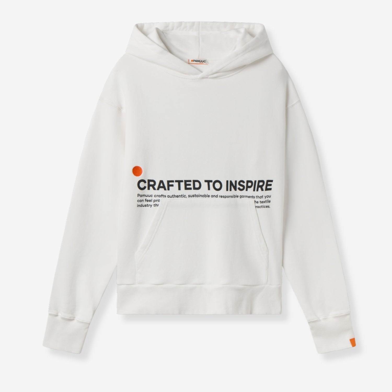 White hoodie with "Crafted to Inspire" slogan and orange Pamuuc logo on the front.