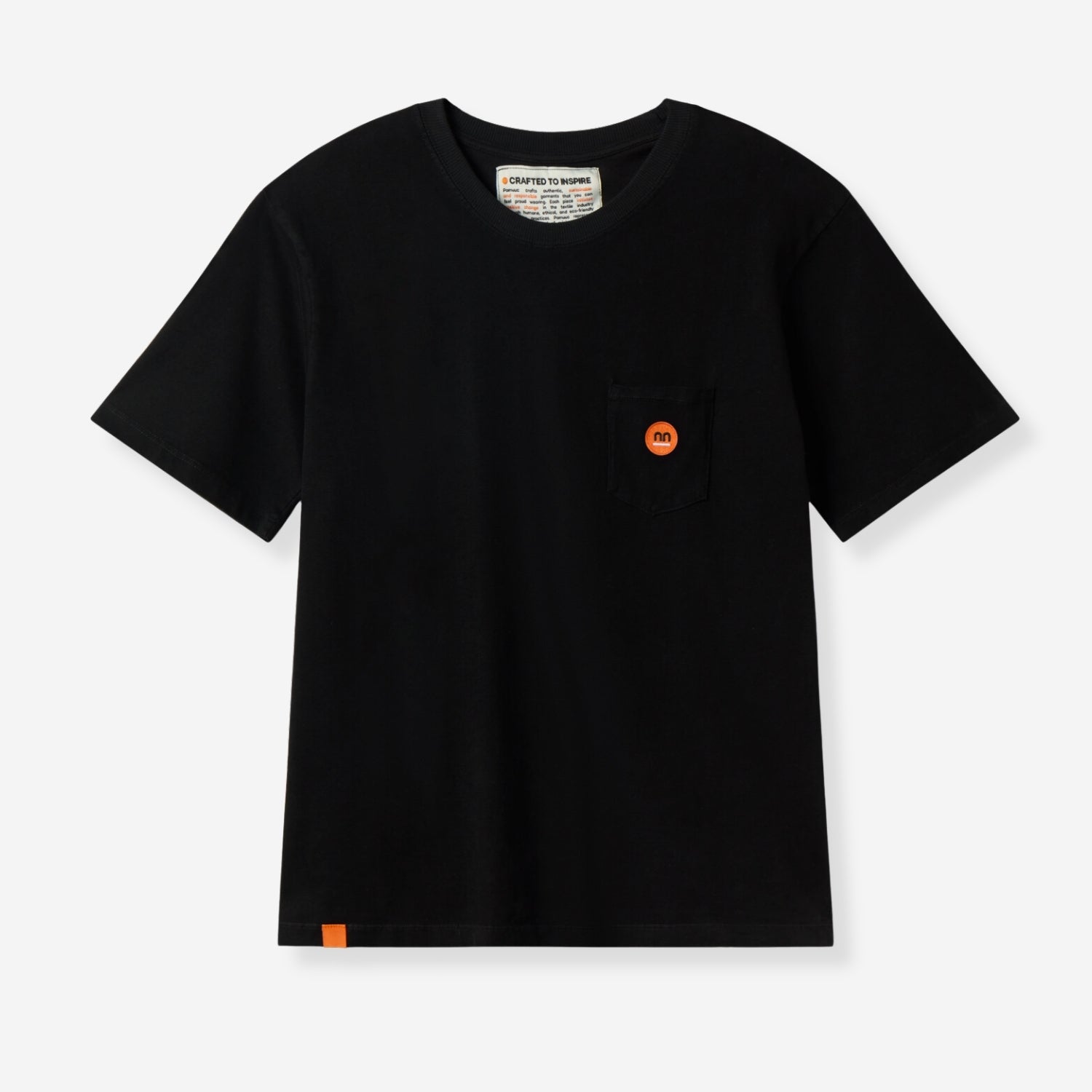 Black Berlin Tee with orange Pamuuc logo on pocket.