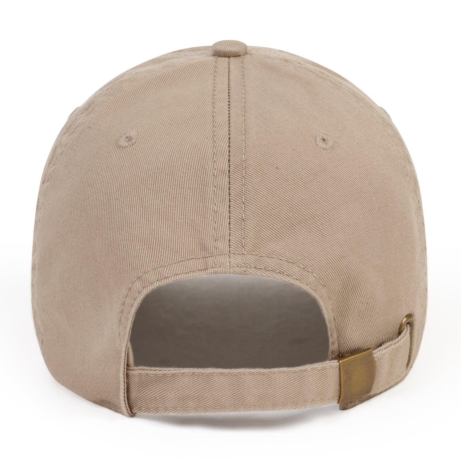 Back view of the beige baseball cap showing the adjustable strap with a metallic buckle.