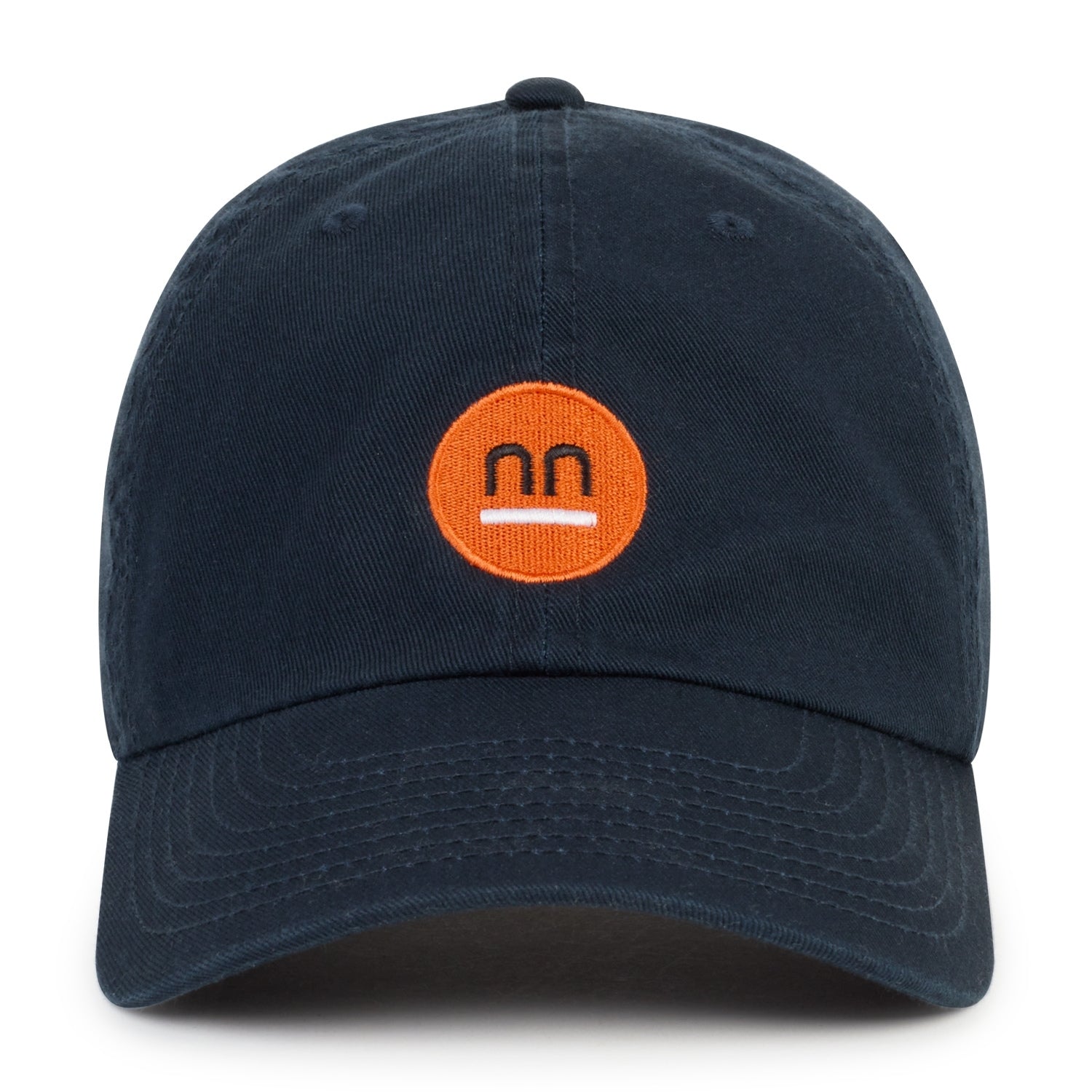 Navy blue organic cotton cap with orange Pamuuc isotope logo on the front.