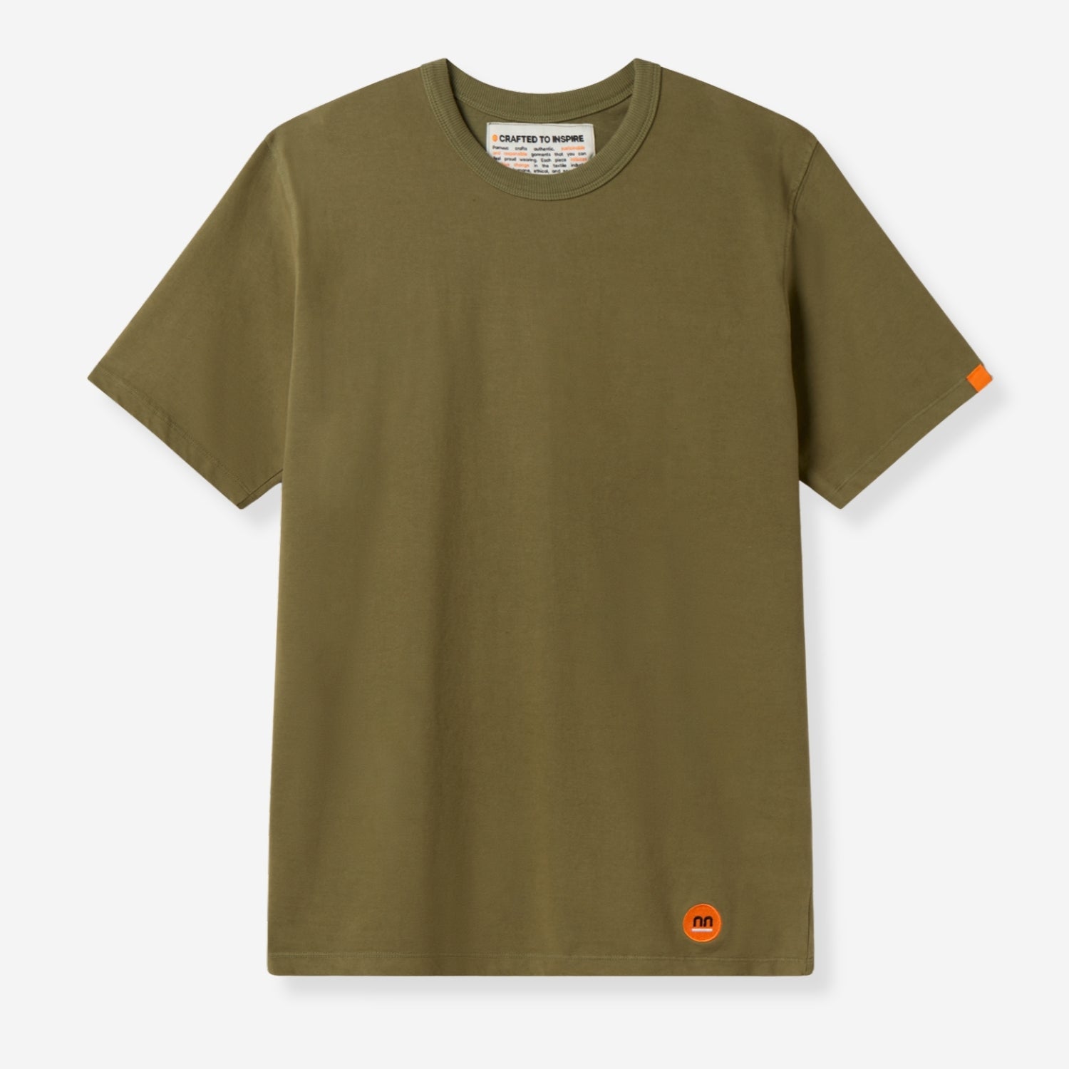 Khaki t-shirt front view featuring a small orange Pamuuc logo at the bottom left hem and label inside the collar.