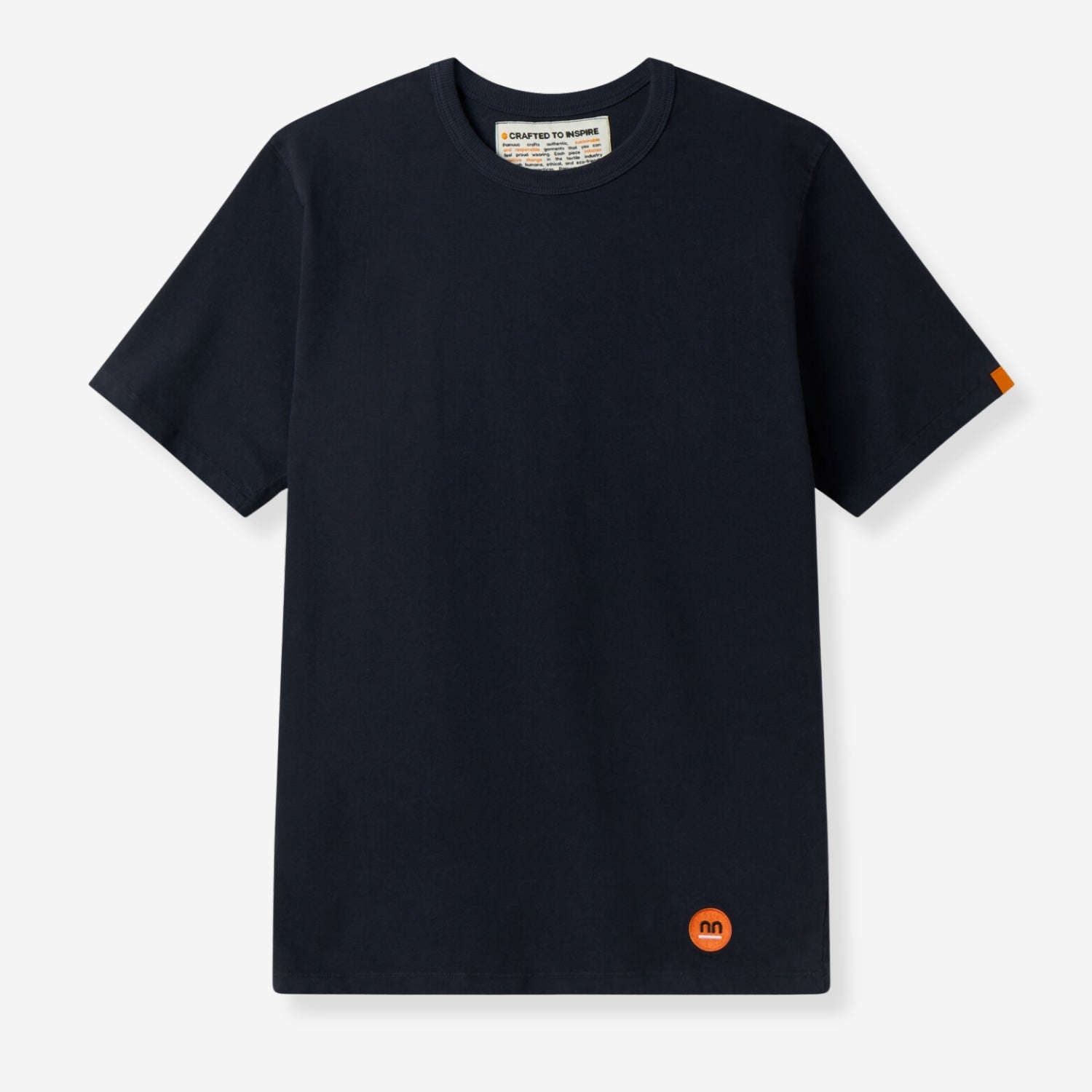 Navy t-shirt front view with a small orange Pamuuc logo at the bottom left hem and label inside the collar.