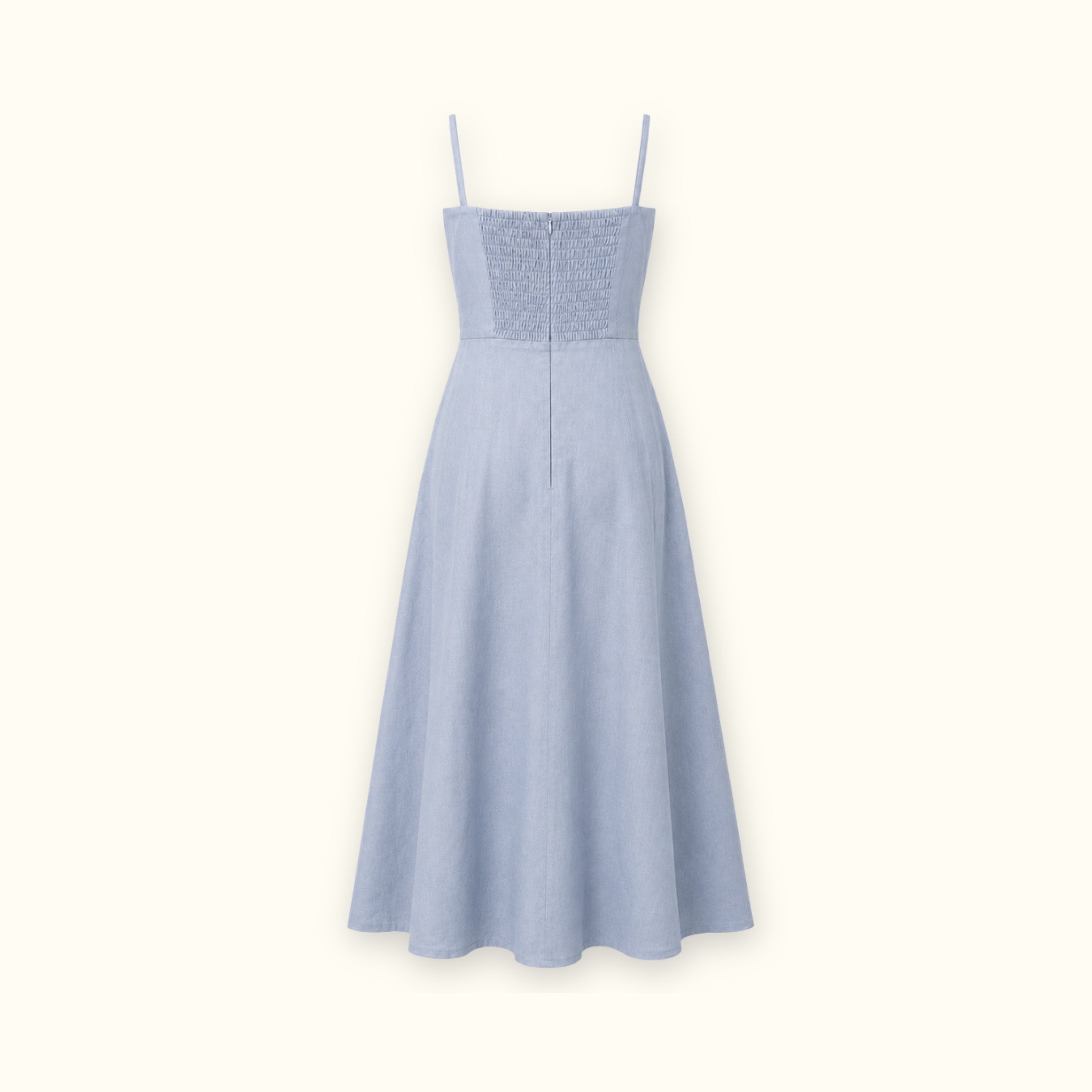 Vestito midi in lino azzurro, vista posteriore, con scollo e silhouette del vestito