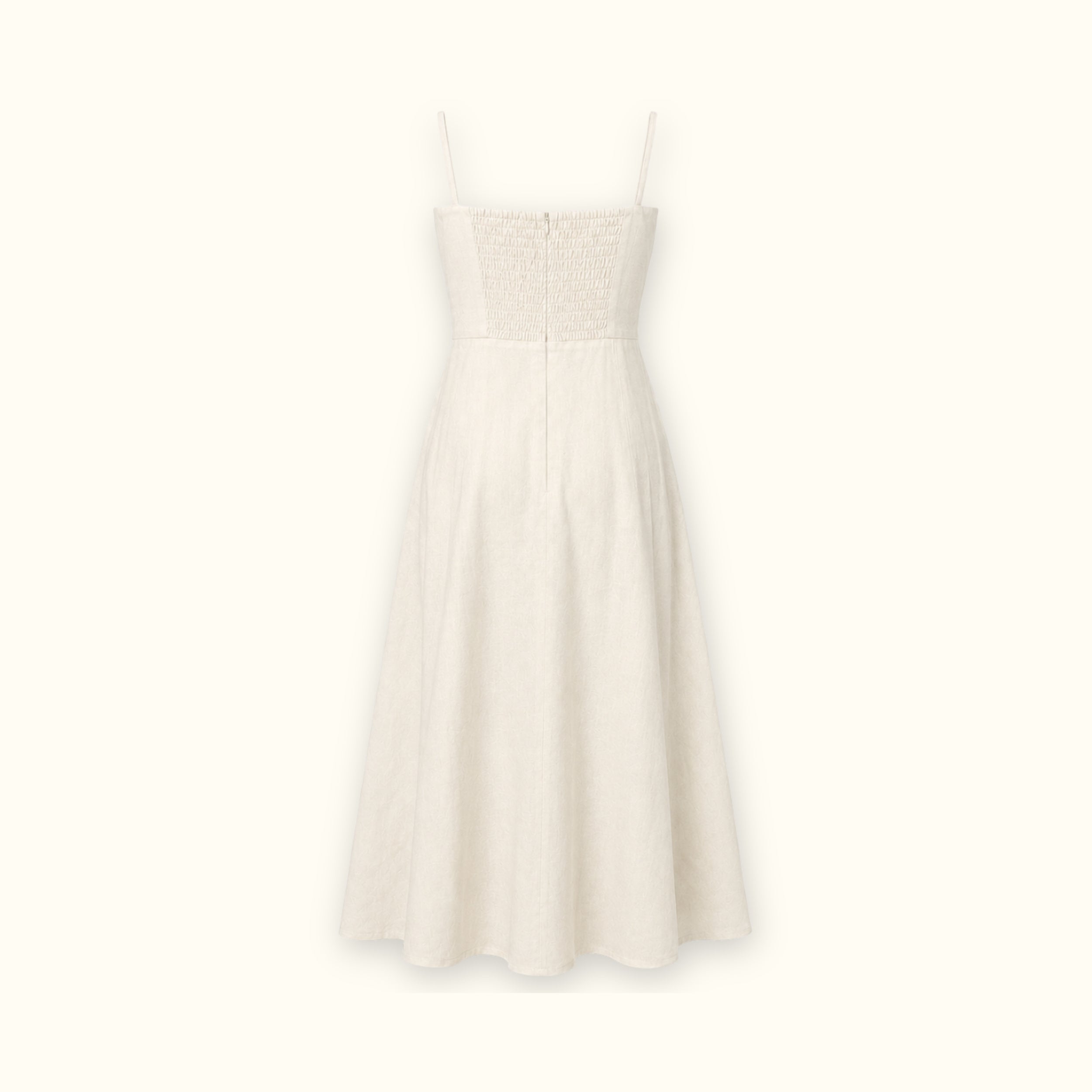 Vestito midi in lino Off White, vista posteriore, con scollo e silhouette del vestito