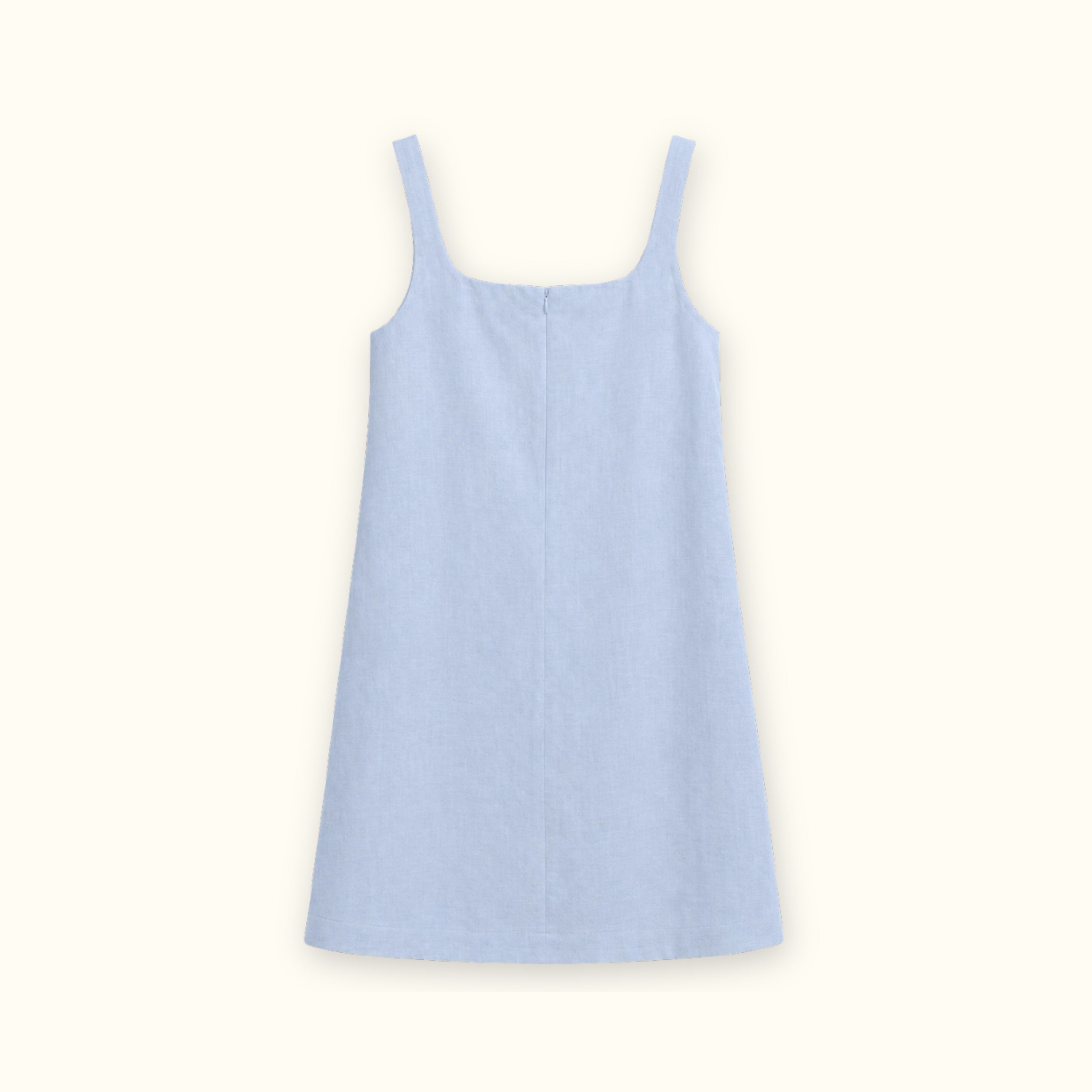 Robe mini en lin bleu clair, vue de dos, montrant l’encolure et la silhouette de la robe