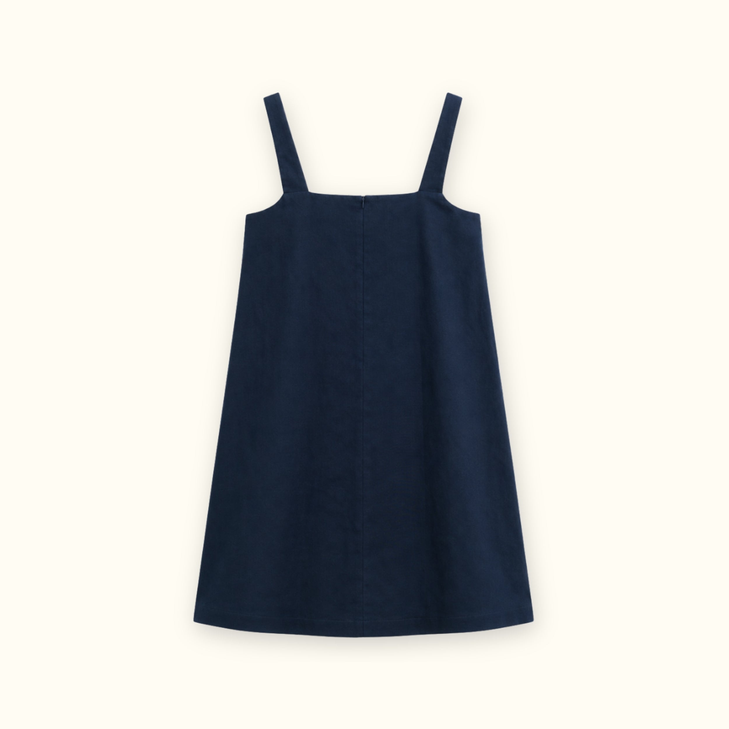 Linen Mini Dress in Navy Blue, back view, showing neckline and dress silhouette