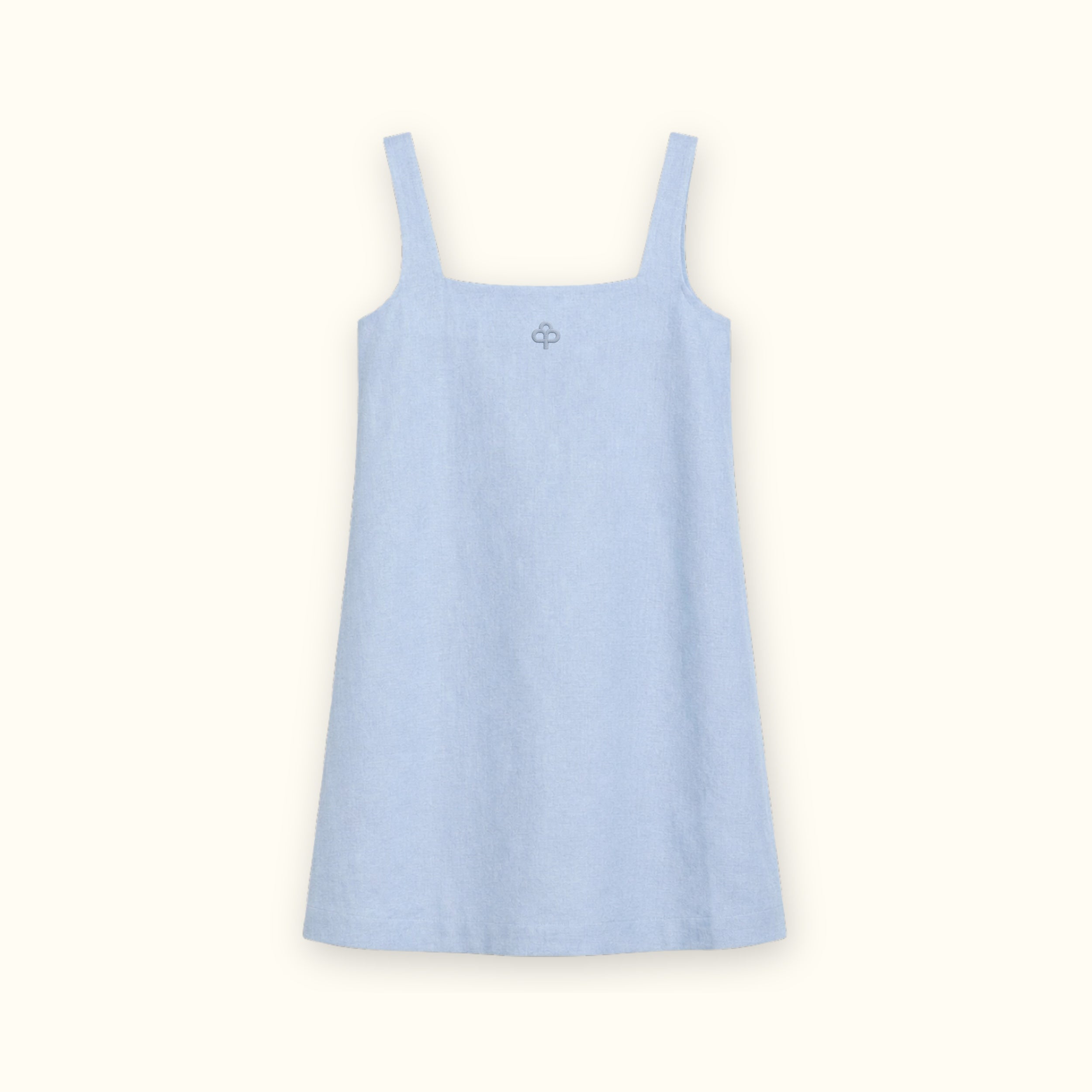 Robe mini en lin bleu clair, vue de face, montrant l’encolure et la silhouette de la robe
