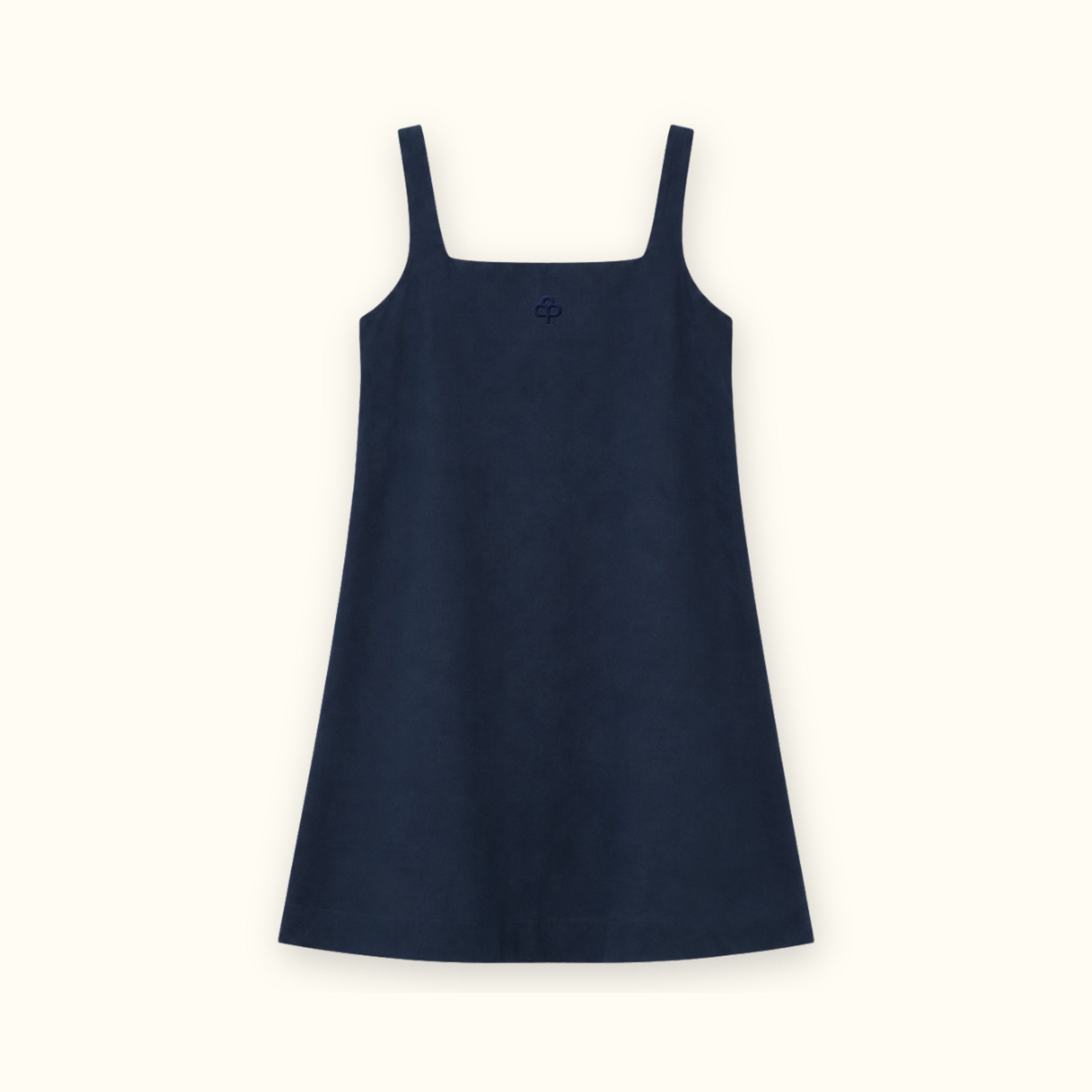 Linen Mini Dress in Navy Blue, front view, showing neckline and dress silhouette