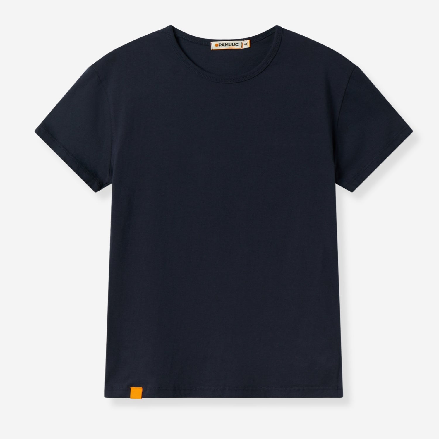 Navy tee front view with Pamuuc logo on collar.