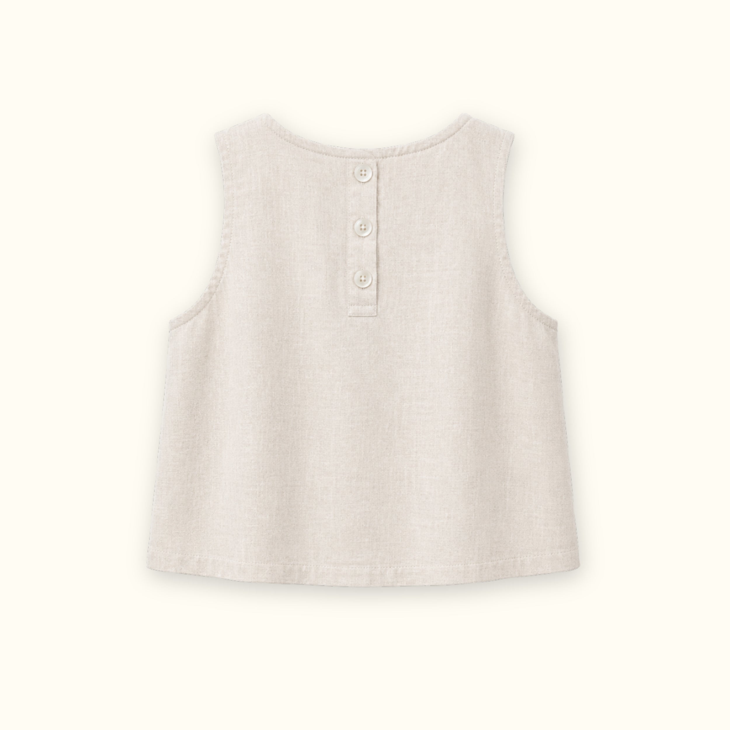 Top en lin sans manches off white, vue de dos, montrant l’encolure et la coupe sans manches