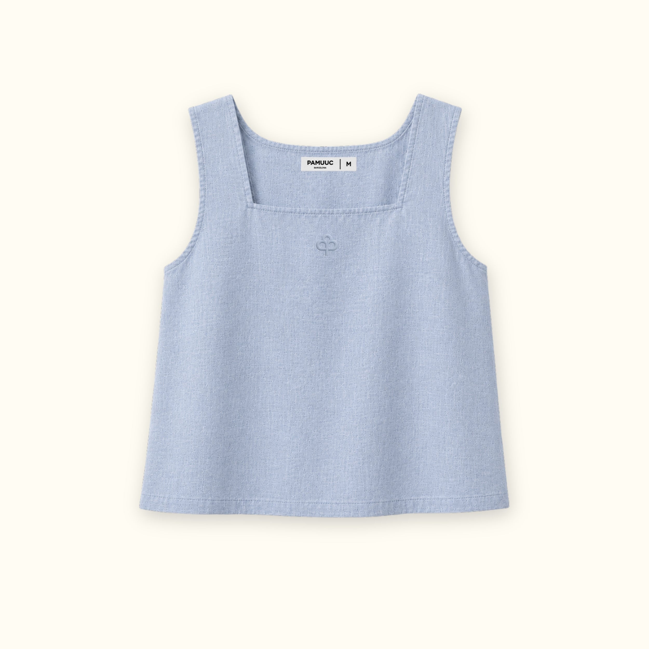 Square Neck Linen Top in Light Blue, front view, showing neckline and sleeveless shape