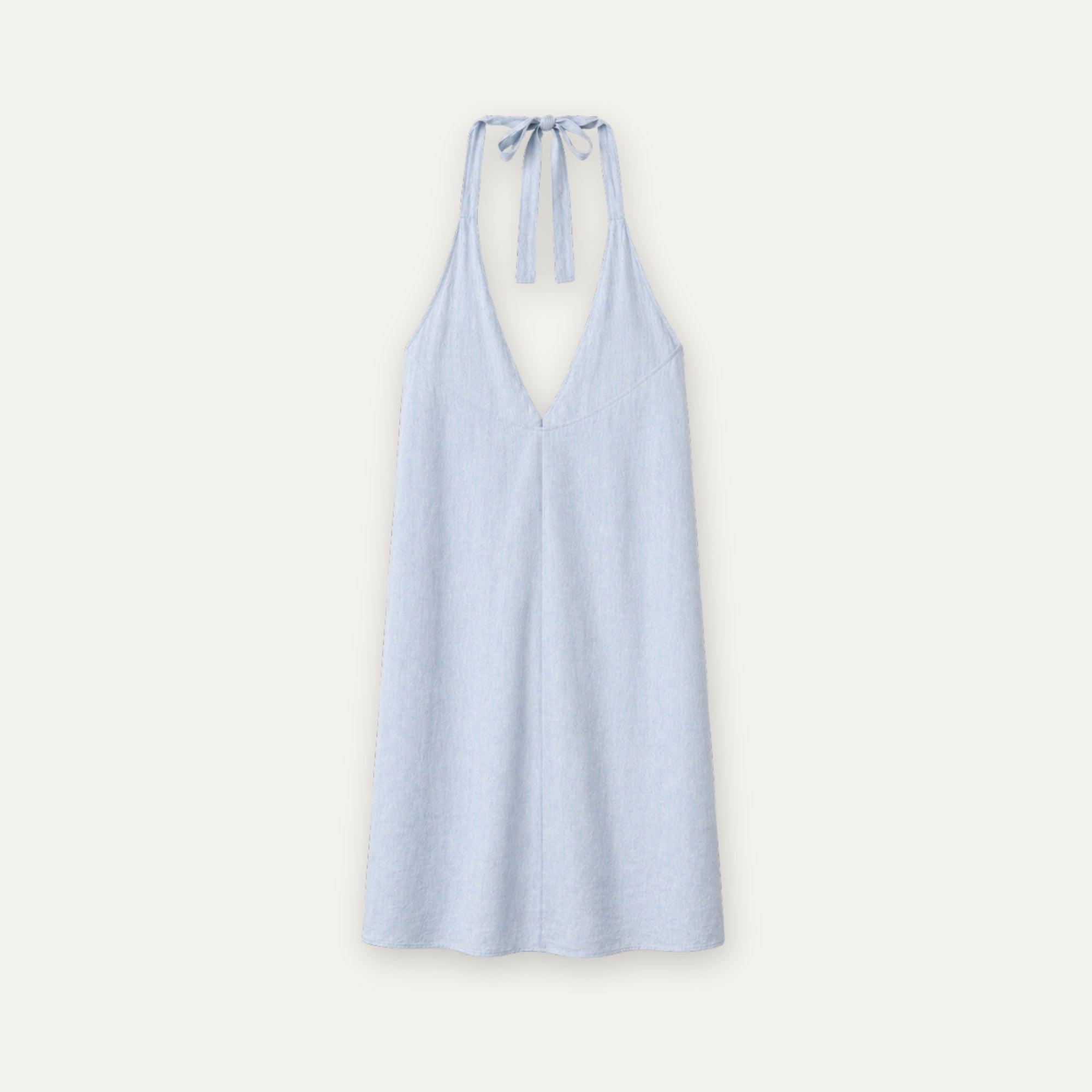Linen Halter Dress in Light Blue, back view, showing neckline and dress silhouette