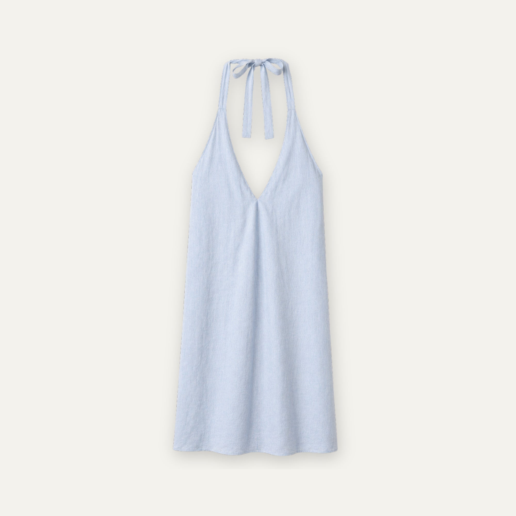 Linen Halter Dress in Light Blue, front view, showing neckline and dress silhouette