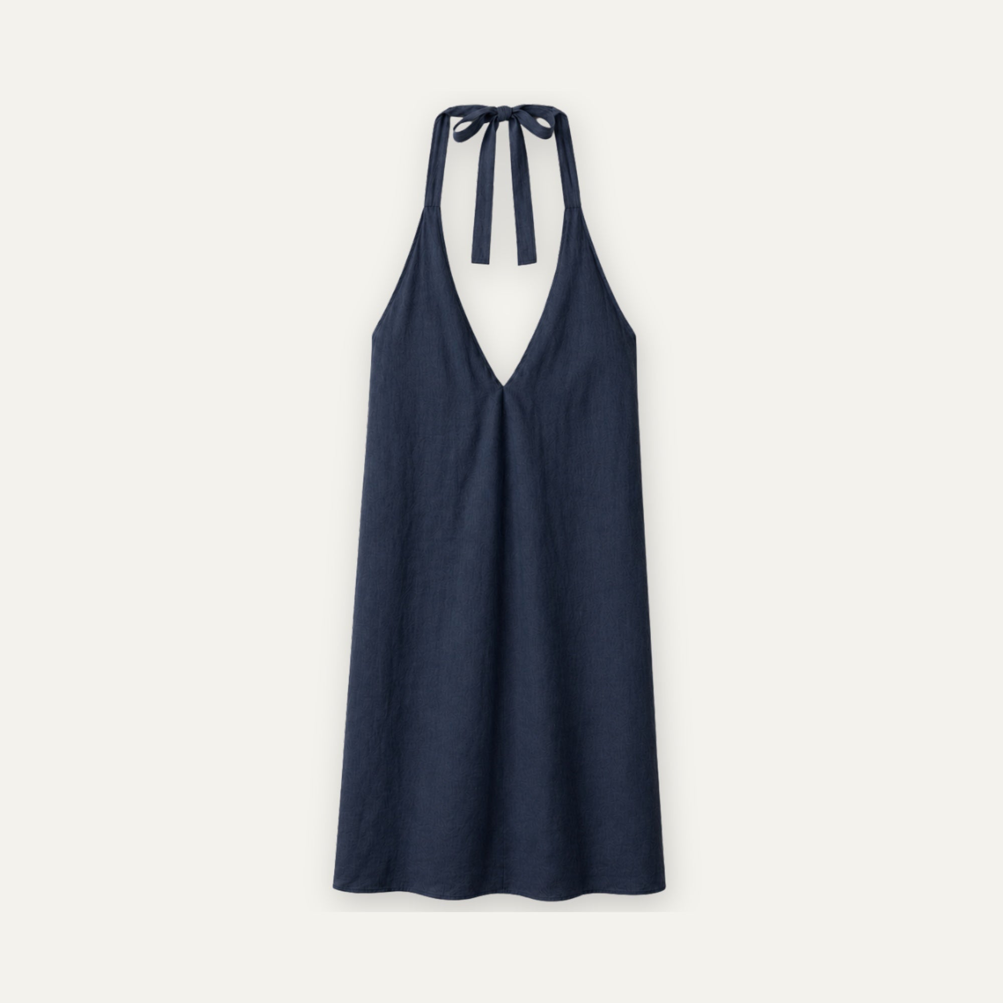 Robe halter en lin bleu marine, vue de face, montrant l’encolure et la silhouette de la robe