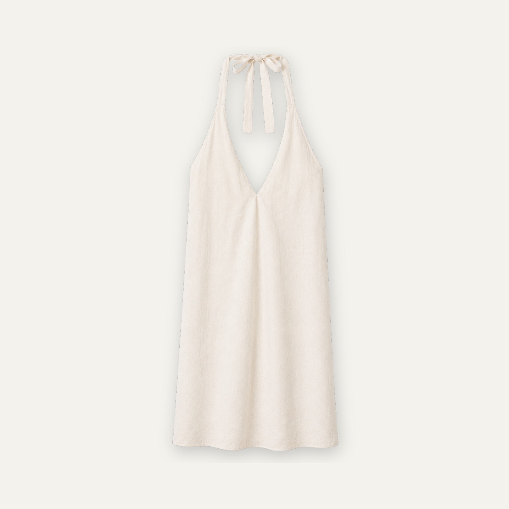 Linen Halter Dress in Off White, front view, showing neckline and dress silhouette