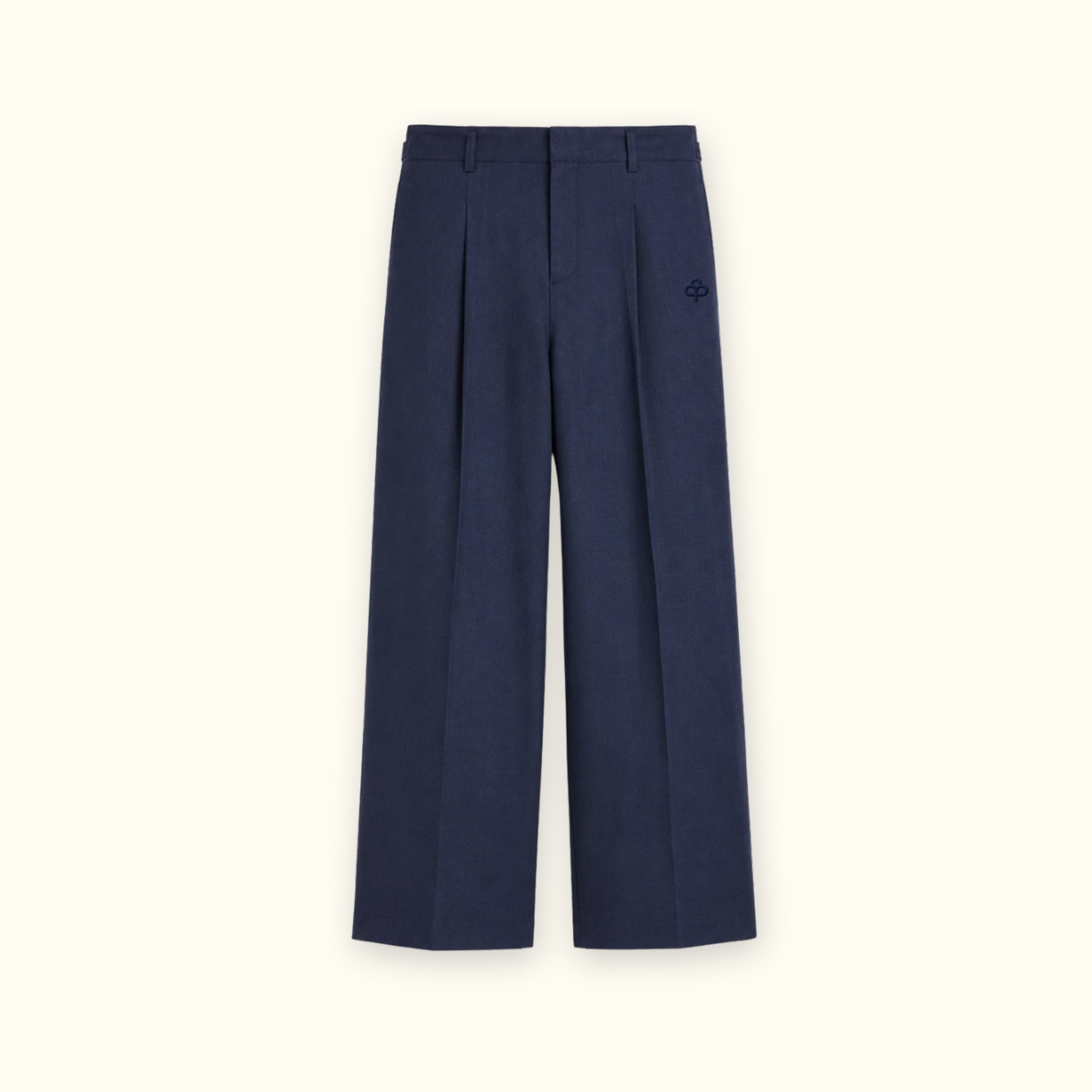 Pantaloni in lino straight leg blu navy, vista frontale, con pince e linea dellstraight leg